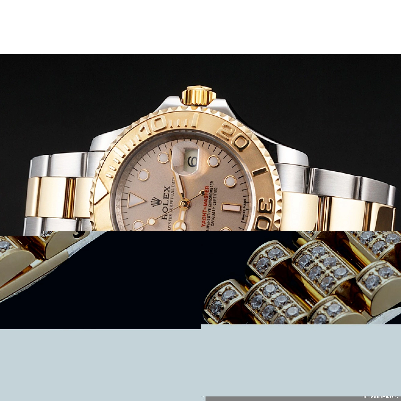 Aaa replica watch Case Tone Bezel Gold Swiss Yacht-Master Champagne Two Rolex Dial Stainless Bracelet Steel 0703